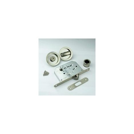 Kit de serrure pour porte coulissante – Serrure à encastrer avec poignées rondes à coupelle, diamètre intérieur 48 mm, en acier avec finition nickel brossé, inclut tige de commande, platine de contre-