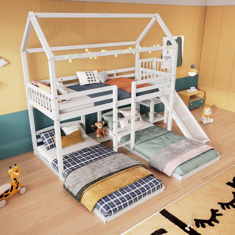 Litera, cama cabaña infantil de 90 x 200 cm con tobogán, estante, escalera de 3 escalones, 3 posiciones de cama, techo, blanco (1/5)