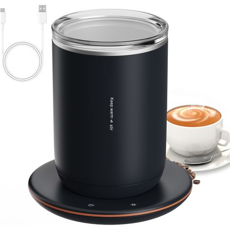 Mug chauffant 2 en 1 à température constante de 55 °C (131 °F) avec agitateur magnétique de 10 W, tasse isotherme en acier inoxydable de 300 ml (10,5 oz), base et couvercle à bouton tactile. (1/5)