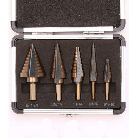Set mit 5 Stufenbohrern, Stufenfräsern mit Titanbeschichtung für Stahl, Holz, Kunststoff, Messing, Aluminium, PVC, Doppelschlitz-Kegelbohrer