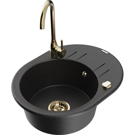 Mexen Kevin lavello in granito a 1 vasca con scolapiatti e rubinetto da cucina Telma, nero/argento metallizzato (1/5)