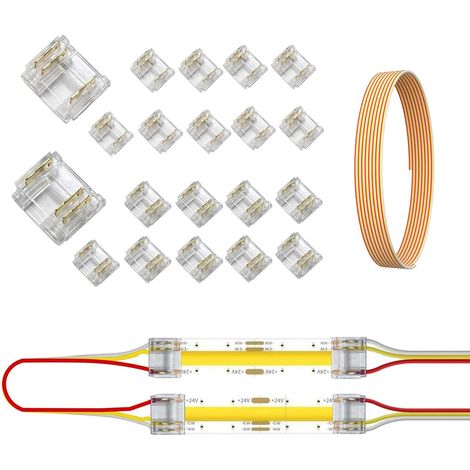 Lot de 20 connecteurs de bande LED COB à 3 broches 10 mm sans soudure - Fil d'extension de 3 m 22 AWG pour bandes lumineuses LED RVB CCT COB (3 p-10 mm - 20 pièces + 3 m) (1/5)
