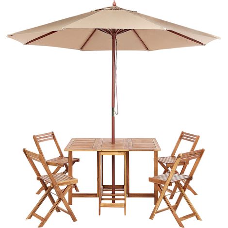 Conjunto de jardín 6 piezas mesa de exterior 4 sillas plegable de madera de acacia con sombrilla Frassine (1/5)