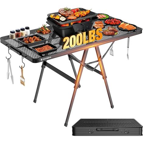 Table de Barbecue Pliante avec Conception de Grille, Chariot Métallique Réglable en Hauteur, Table Portable 4 Pieds 200 lb pour Extérieur, Camping, Pique-nique, Plage, Van, 120 x 60 cm (1/5)