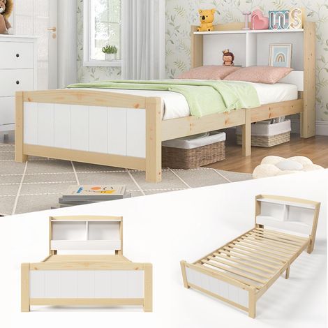 , Lit simple en bois massif avec tête de lit de rangement,  cadre de lit 90x200cm avec sommier à lattes,  lit en bois avec tête de lit,  lit enfant,  lit adolescent,  pin massif... (1/5)