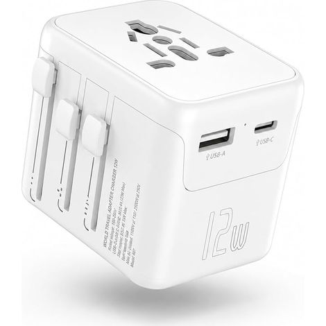 12W Universal Travel Plug Adapter, Universal Travel Adapter with USB-C and USB-A, International Multi Country Plug for UK, USA, Europe, Australia and Japan (1/5)