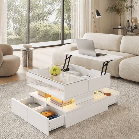 Table basse relevable avec LED 16 couleurs, verre, rangements, blanche HAVRYA (1/5)
