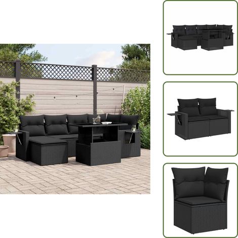 7-tlg. Garten-Sofagarnitur mit Kissen Schwarz Poly Rattan - Gartenmöbel Set - Esszimmergarnitur - Outdoor Möbel - Lounge Garnitur - Rattan Gartenmöbel (1/5)
