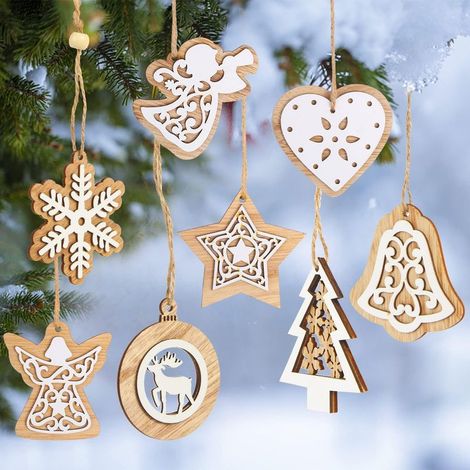 Juego de 8 adornos de madera para árbol de Navidad - Decoraciones de pared - Accesorios para fiestas (1/3)