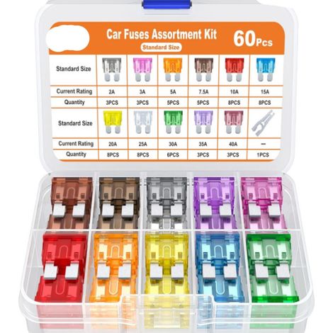 60 Pcs Standard Size Car Fuse 2A 3A 5A 7.5A 10A 15A 20A 30A 35A 40A Assorted Car Fuse with Storage Box (1/3)