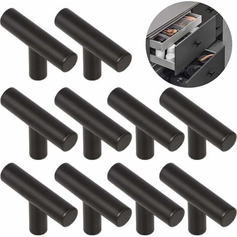 10 pieces brushed alloy T-handle for easy opening cabinet doors, single-hole furniture handle, 5 x 1.2 x 3 cm - black (1/5)