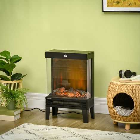 Chimenea eléctrica de 2000 W, independiente, con calefactor, efecto de llama LED 3D, 4 niveles de brillo, termostato, protección contra sobrecalentamiento, color negro. (1/5)