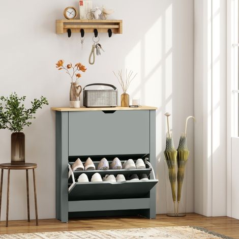 REDOM Zapatero 72x26x80 cm, 2 compartimentos abatibles, capacidad para hasta 12 pares, madera gris claro (1/5)