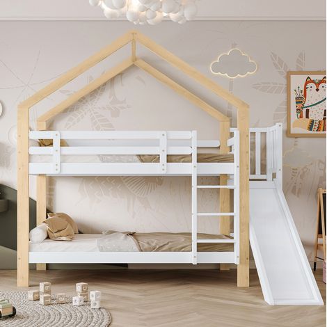 Letto a castello 90x200 cm bianco, in legno e MDF con scivolo (1/5)