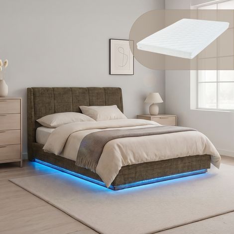 Letto Francese Contenitore Tröstiar a Luce LED con Materasso 140x200 cm - Effetto Lino Verde [en.casa] (1/5)