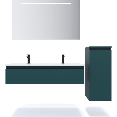 Meuble de salle de bain suspendu double vasque intégrée 120cm 1 tiroir Bleu + miroir + colonne ouverture droite - Hudson (1/5)