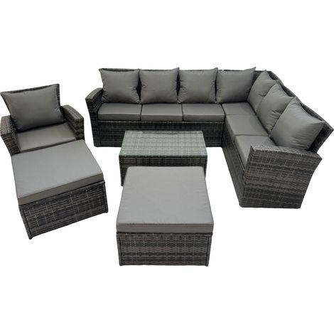 Fimous Rattan Garden Outdoor Furniture Set 9 Seater Garden Sofa Coffee Table Set with Chair 2 Big Footstools Dark Grey Mixed (1/5)