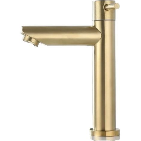 Waschbeckenarmatur in gebürstetem Gold, Einzel-Kaltwasserhahn aus Edelstahl, Wasserfall-Waschtischarmatur für Badezimmer, Zubehör (kurz, gold) (1/5)