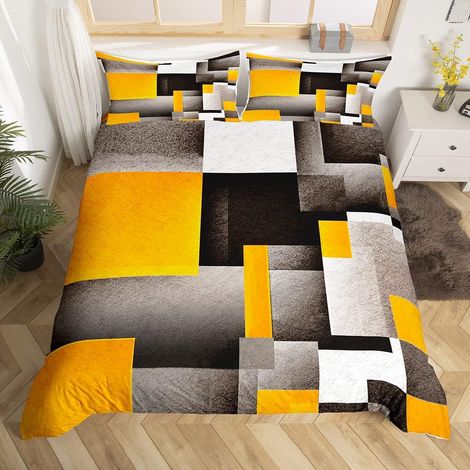 Yellow Grey Black Duvet Cover 220 x 240 cm Geometric Bedding Set for Boys Geometry Bedding Set Plaid Abstract Art Modern Bedding Set Bedroom Decor (1/5)