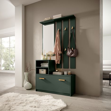 Selsey – Vestiaire d'entrée multifonctionnel – Armoire à chaussures 85 cm – Portemanteau mural avec 6 crochets – Miroir 76 x 30 cm – Couleur vert bouteille