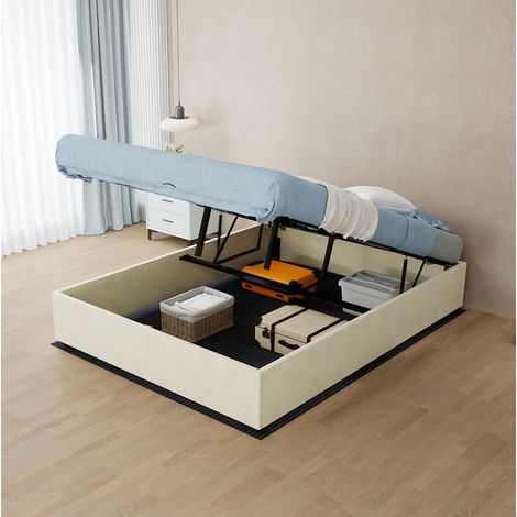 Lit coffre 140x200 cm tissu métal beige, vérins à gaz, gain de place, avec matelas – MEUBLIV (1/5)