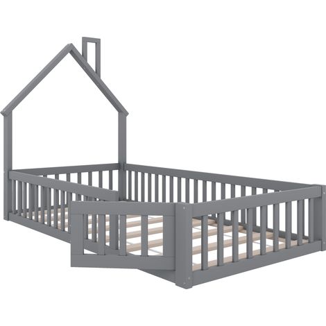 Lit cabane enfant 90 x 200 cm avec toit cheminée, pin et MDF, gris, avec sommier à lattes (1/5)