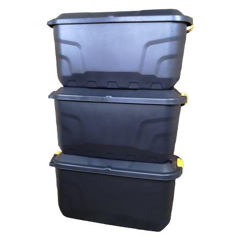 3 x 75L Heavy Duty Trunks on Wheels Sturdy, Lockable, Stackable and Nestable Design Storage Chest with Clips in Black (1/5)