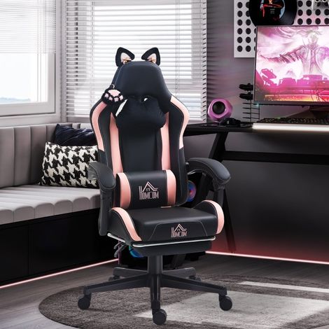 Fauteuil gaming 65x62x116-124 cm noir et rose, avec repose-pieds et dossier inclinable, MEUBLIV (1/5)