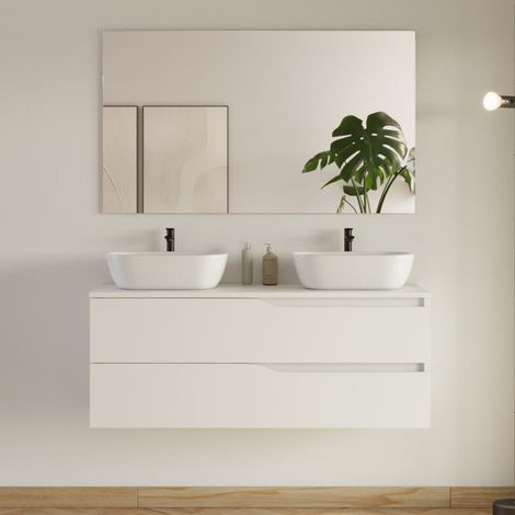 Meuble de salle de bain 120cm avec plateau et 2 vasques à poser Zeus - 2 tiroirs - blanc - LUNA (1/5)