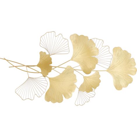 Décoration murale métallique feuille de ginkgo – 109 x 55 cm – Sculpture murale suspendue en fer doré – Pour salon, chambre et salle à manger (1/5)