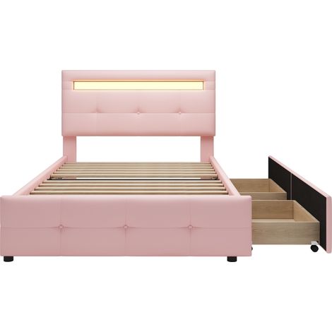Cama tapizada 90 x 200 cm rosa con LED y 2 cajones (1/5)
