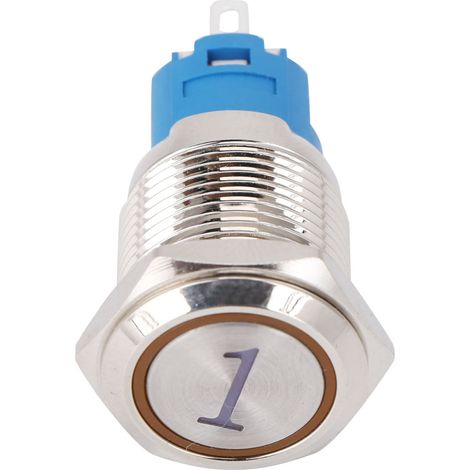 Momentaner Drucktaster, 16 mm, flach, rund, 5 Pins, mit gelber LED und der Zahl 1, 220 V AC, 2er-Packung (1/5)