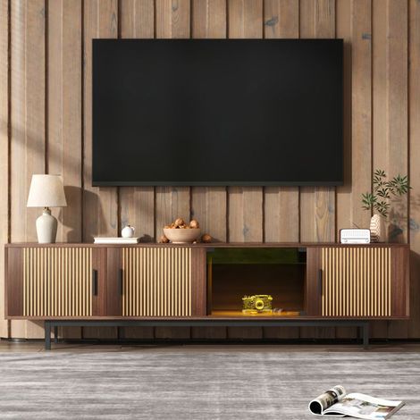 Meuble TV - KOMHTOM - 200 x 35 x 53 cm - Noyer brun & noir - LED - Porte en verre trempé (1/5)