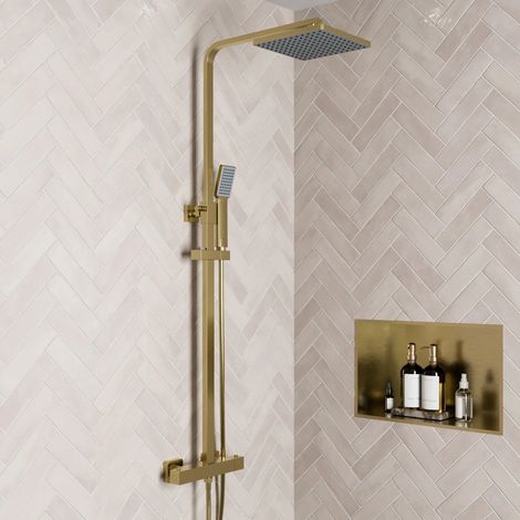 Thermostatic Mixer Shower Square Dual Head Riser Rail Handset Valve Modern Brass (1/5)