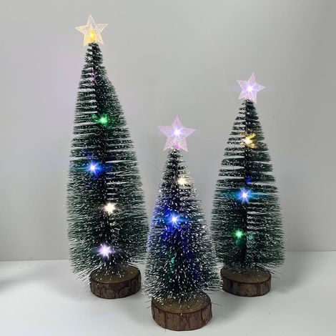 Petit sapin de Noël, lot de 3 mini sapins artificiels (18 cm, 22 cm, 28 cm), avec étoiles et guirlande lumineuse LED, support en bois à monter soi-même, cime robuste, pour décorations de Noël, intérie (1/5)