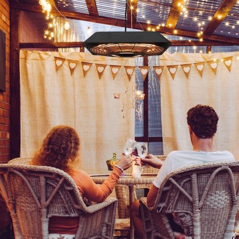 Radiateur de plafond 800W/1200W/2000W,radiateur radiant 5 modes,IP45,chauffage électrique de terrasse avec télécommande,Alu,verre,noir,45x45x10cm