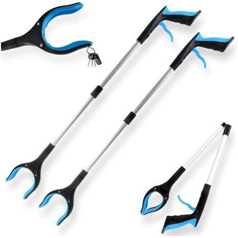 Lot de 2 Outils de Ramassage, 82cm Pince telescopique Objet en Aluminium avec Tête Rotative 360° Poignée Ergonomique et Embouts Magnétiques pour la Collecte des Déchets (Bleu) (1/5)