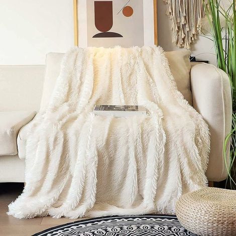 Couverture 80120cm, Plaid en laine super chaud, Plaid en fausse fourrure, Plaid en laine longue douce et confortable, Plaid de canapé, couvre-lit, blanc crème (1/5)