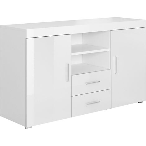Credenza 2 ante e 2 Cassetti Madia Moderna Mobiletto Sala da Pranza Buffet Cucina 140x80x40cm Modello Roque Bianco Finitura Lucida