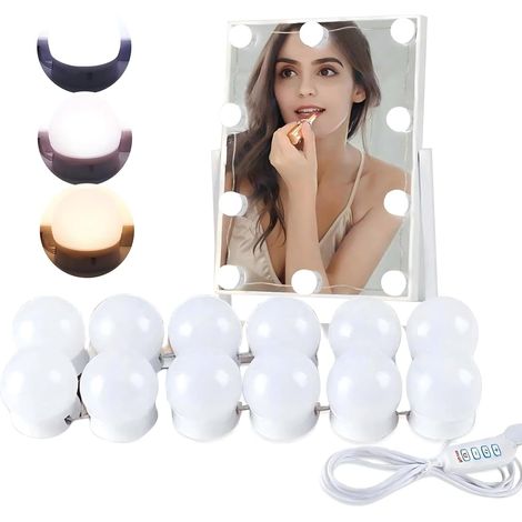 Luces para espejo estilo Hollywood con cable de alimentación USB, 3 colores, luces para espejo de baño, 10 niveles ajustables (bombillas tipo C-12)