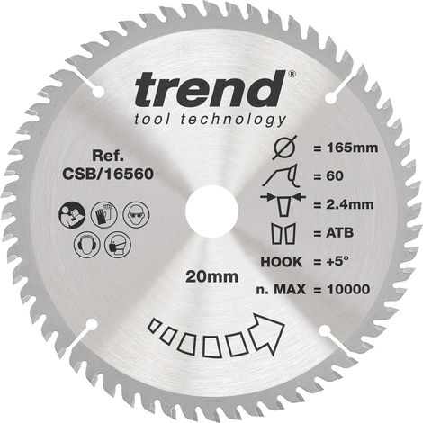 Lame scie circulaire TCT 165 mm, 20 mm, 60 dents, 2,4 mm, crochet +5° (1/5)