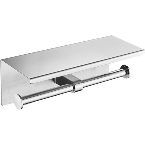 Porte-papier toilette double avec étagère, support mural en acier inoxydable pour salle de bain (argenté) (1/4)