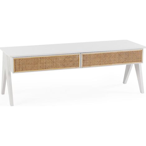 Meuble TV bois de cèdre et rotin blanc naturel élégant - Blanc et rotin naturel (1/3)