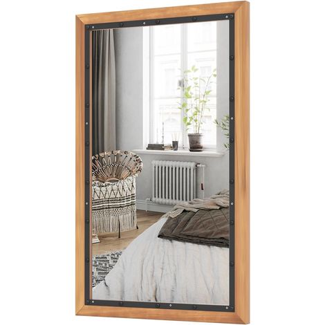 COSTWAY rechteckiger Spiegel mit Holzrahmen, 55 x 90 cm, rustikaler Wandspiegel, unbrechbarer Hängespiegel, dekorativer Holzspiegel mit Haken, für Flur, Wohnzimmer, Schlafzimmer, Braun (1/5)