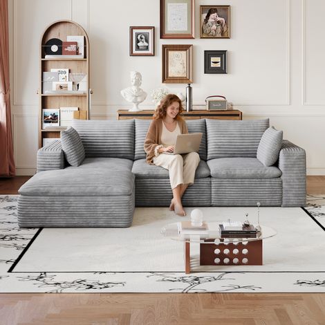 Canapé Cloud de 260 cm en velours côtelé, structure à double couche, housse amovible, livré monté – idéal pour salon, chambre, salle de conférence et appartement, coloris gris foncé. (1/5)