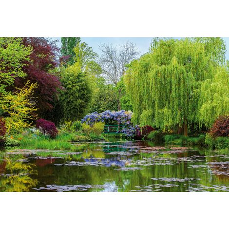 Papier peint panoramique jardin coloré | Tapisserie panoramique étang et arbres pour chambre | Papier peint panoramique nature vert et violet - 384 X 260 cm (8 pièces) (1/2)