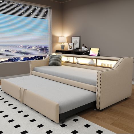 lit adulte gigogne rangement 90 180x190 beige lin USB OKMYHOME (1/5)