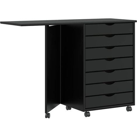 Armoire roulante avec bureau pliable, 7 tiroirs, pin massif noir, 105,5 x 39 x 74,5 cm - PANGIVO (1/5)