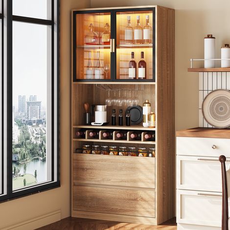 Vitrine 180 cm, meuble de rangement avec 2 tiroirs, 2 portes en verre, éclairage LED réglable, casier à bouteilles - Couleur Bois