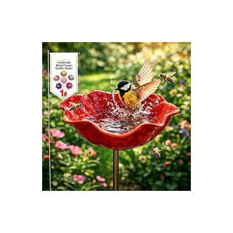 Bain d'oiseaux en métal avec fleurs, brochettes de jardin artisanales, bain d'oiseaux résistant à l'hiver et eau pour insectes, bain d'oiseaux pour jardin et terrasse (1 pièce) (1/5)
